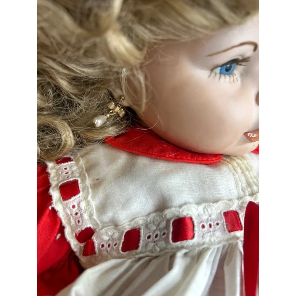 Vintage Porcelain Collector Doll Blonde Curly Hair Red White Lace Dress BlueEyes